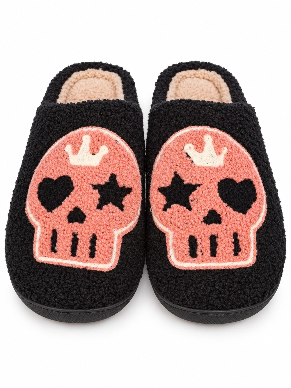 Pink Skull Black Fuzzy Slippers EU 42–43 (M=9-10 & W=10.5-11.5) Goth Punk Unisex